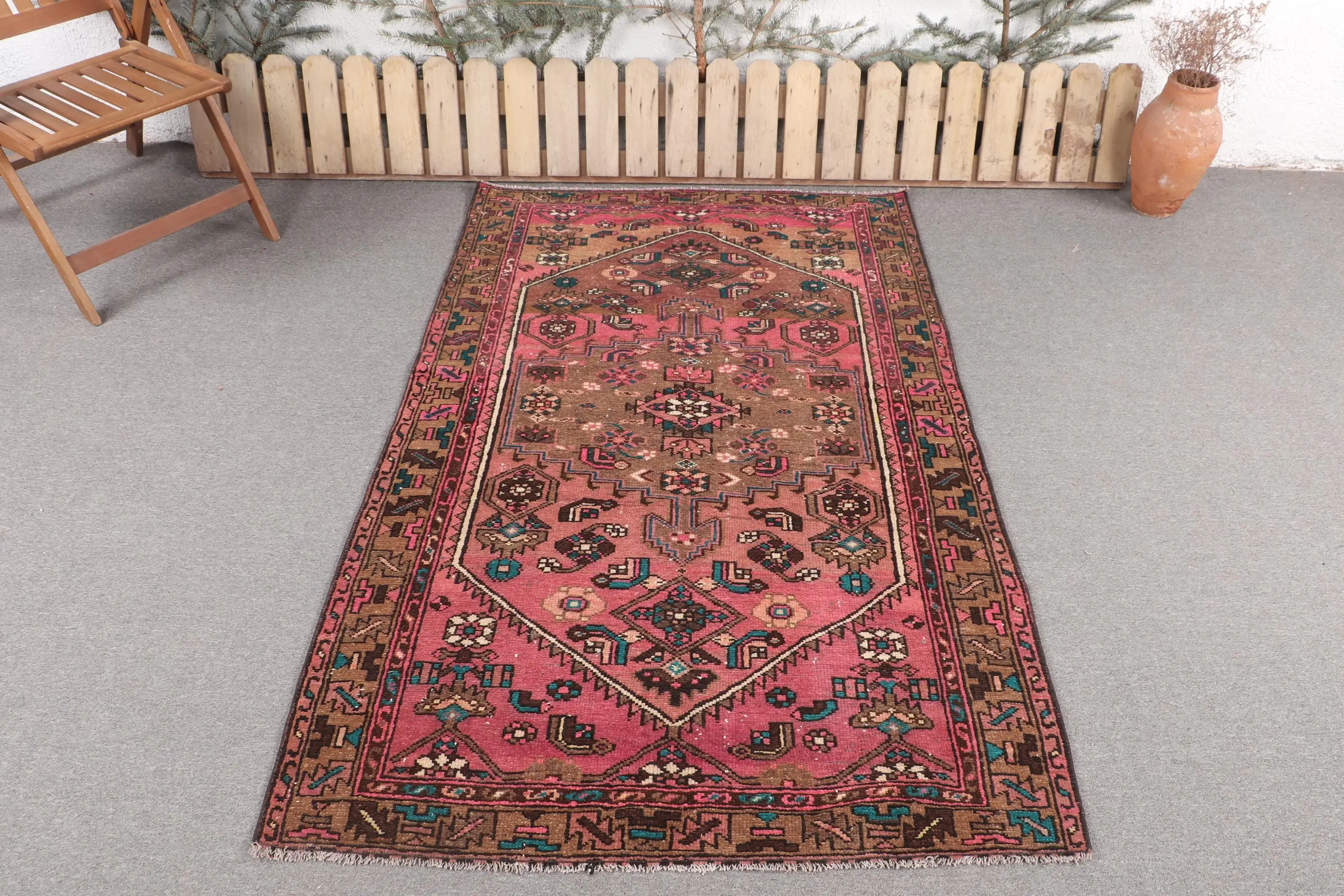 Turkish Vintage Area Rug 4.1x6.46 ft, Red Blue Plants & trees Wool Rug - 1