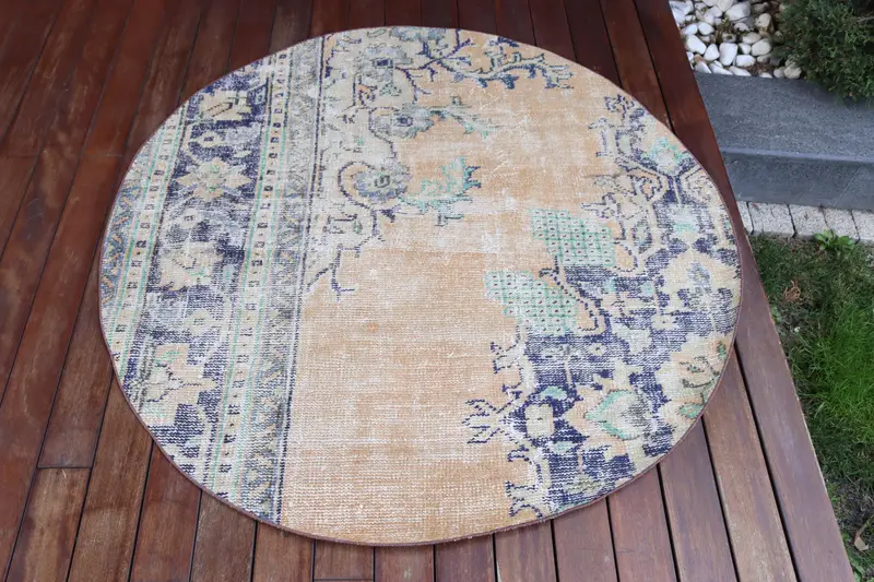 Handgefertigter orange-blauer Teppich, 4,2x4,2 Fuß geometrisch floral