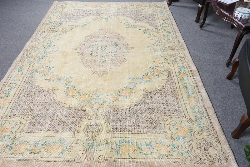 Türk 6.2x9.3 ft Halı, Büyük Vintage Halı, Sarı Mavi Kamuflaj Halı - 1