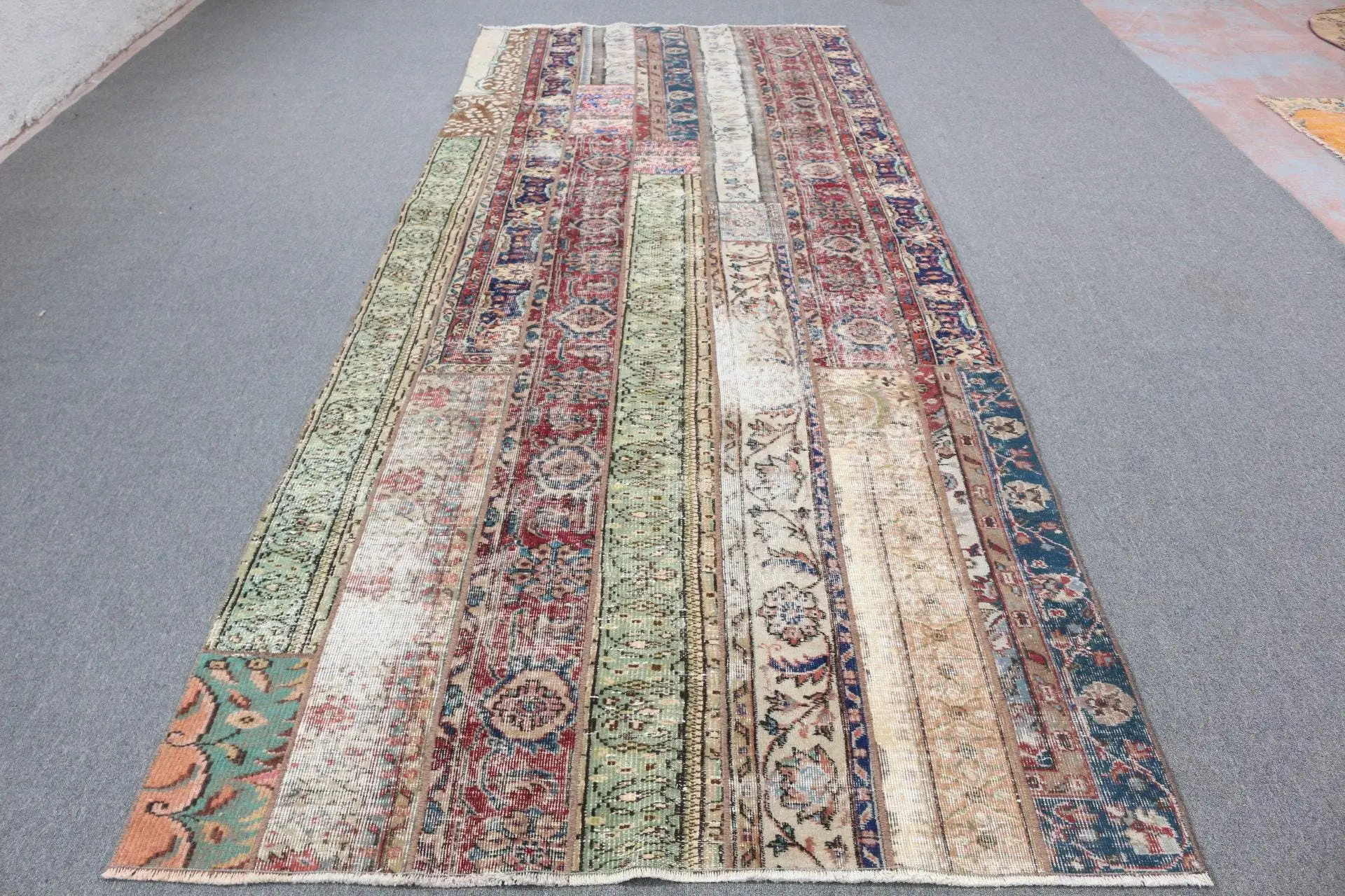 Vintage Runner Rug 4.9x12.5 ft, Red Blue Check Rug Wool - 1