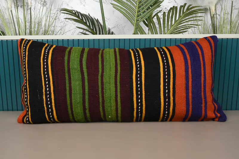 Almohada de rayas verde y bronce hecha a mano, almohada de lanzamiento bordada de 16x36