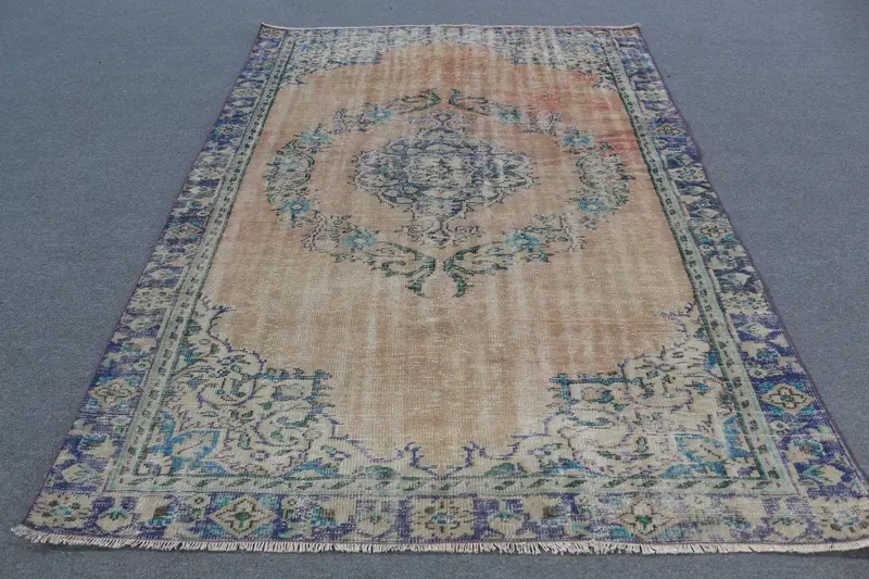 ブラウン & ブルー ラグ、5.8x8.8 フィート ストライプ幾何学デザイン