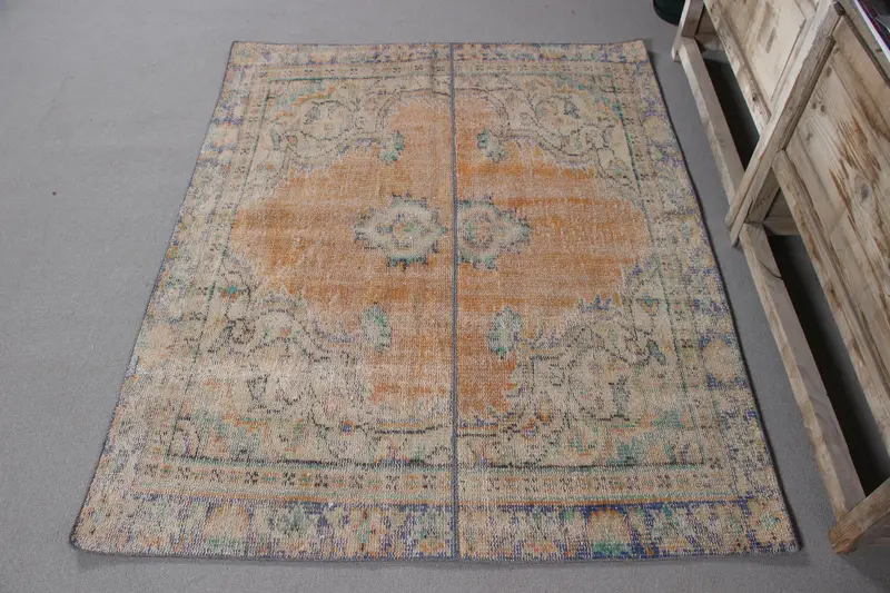 Vibrant Orange & Blue Rug, 4.2x5.3 ft Ikat Pattern