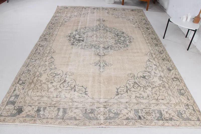 Handmade Beige & Blue Rug, 5.4x10.2 ft Bordered Design