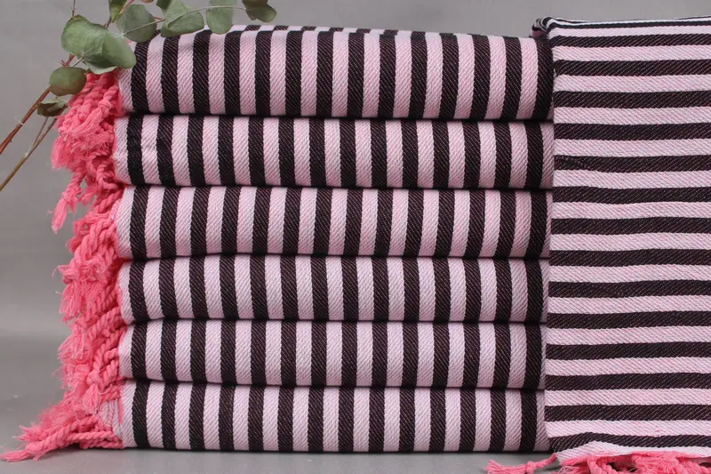 Personalized Beach Towel Black-Pink Stripes, Organic Cotton, 40x71 Inches