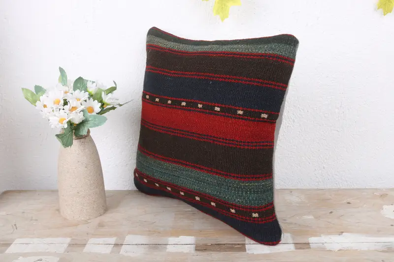 Boho Chic Cushion, Bolster Cushion Case, Turkish Pillow, 12x12 Red Pillow Case, Pillow for Sofa, Handmade Kilim Cushion, Pillow Sham - 4