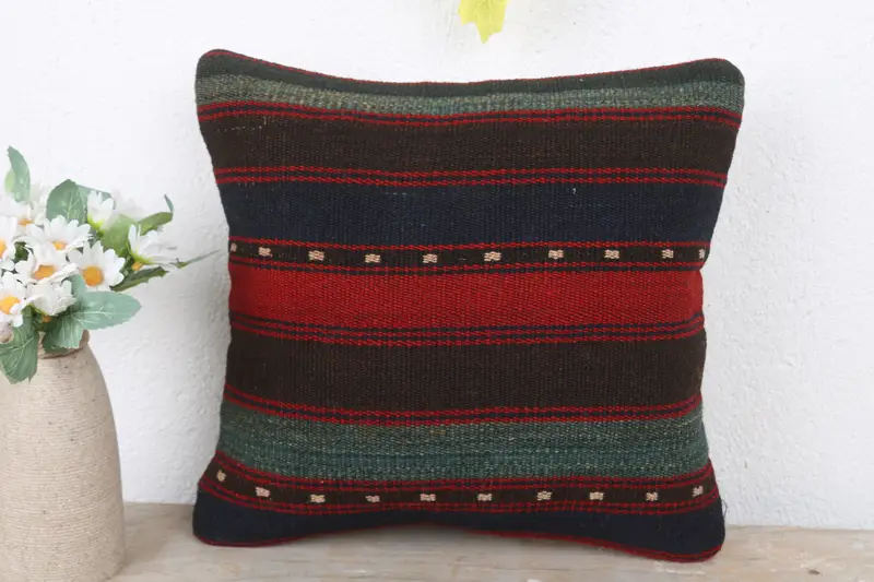 Boho Chic Cushion, Bolster Cushion Case, Turkish Pillow, 12x12 Red Pillow Case, Pillow for Sofa, Handmade Kilim Cushion, Pillow Sham - 2
