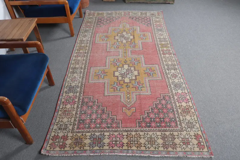 Kırmızı ve Sarı Halı, 4x8,5 ft Geometrik Çiçek Desenli