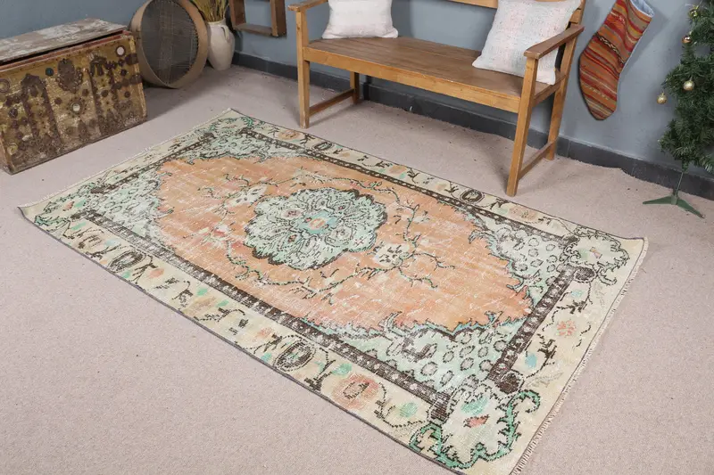 Turuncu ve Yeşil Soyut Halı, 4,2x7,4 ft Canlı Dekor