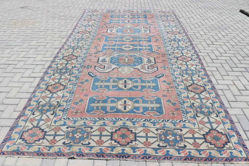 6.9x13.5 ft Vintage Turkish Rug, Oversize Rug, Blue Oushak Patchwork Rug - 1