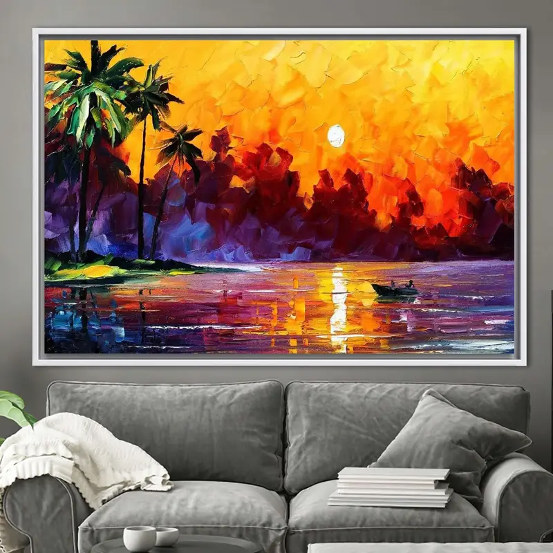 Vibrant Tropical Seascape Canvas: Abstract Sun & Palm Trees