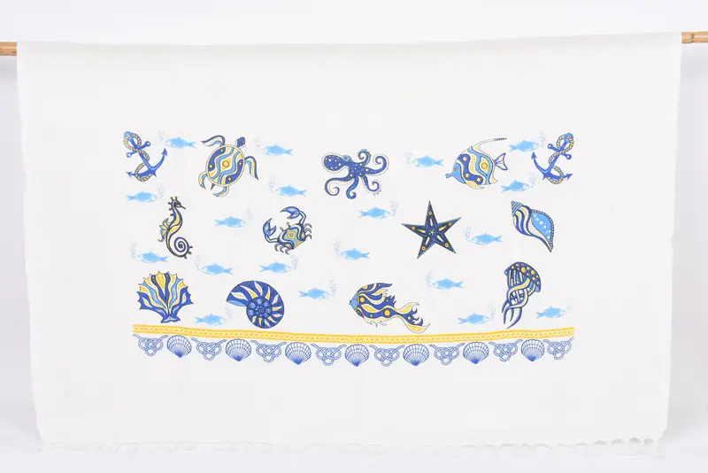Organic Cotton Beach Towel Yellow-Blue Sea Pattern, 70x40 Inches