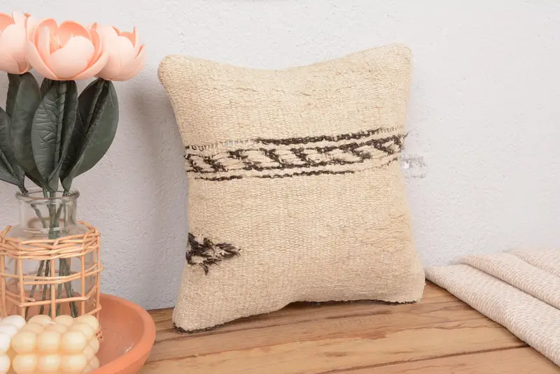 Almohada de tiro a rayas beige y marrón, cojín bordado vintage