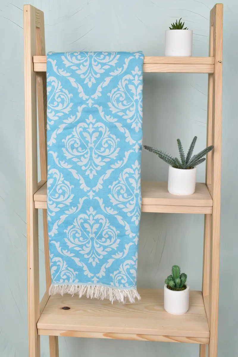 Personalized Turquoise Towel Baroque, Organic Cotton/Linen, 36x67 Inches