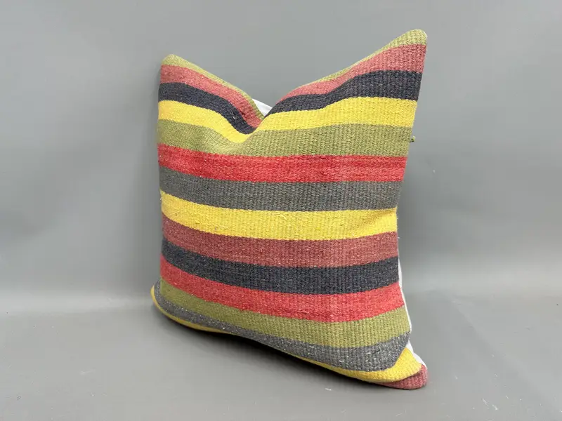 Boho Pillow, Kilim Pillow Cover, Turkish Kilim Pillow, Pattern Throw Pillow, 20x20 Yellow Pillow Sham, Pillow, Handmade Rug Seat Cushion - 3
