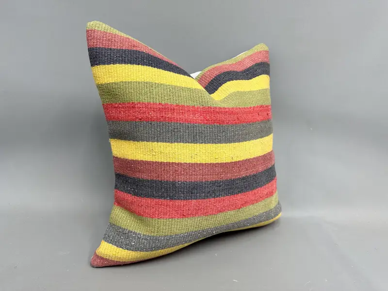 Boho Pillow, Kilim Pillow Cover, Turkish Kilim Pillow, Pattern Throw Pillow, 20x20 Yellow Pillow Sham, Pillow, Handmade Rug Seat Cushion - 2