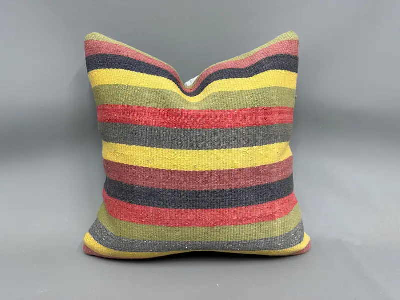 Boho Pillow, Kilim Pillow Cover, Turkish Kilim Pillow, Pattern Throw Pillow, 20x20 Yellow Pillow Sham, Pillow, Handmade Rug Seat Cushion - 1