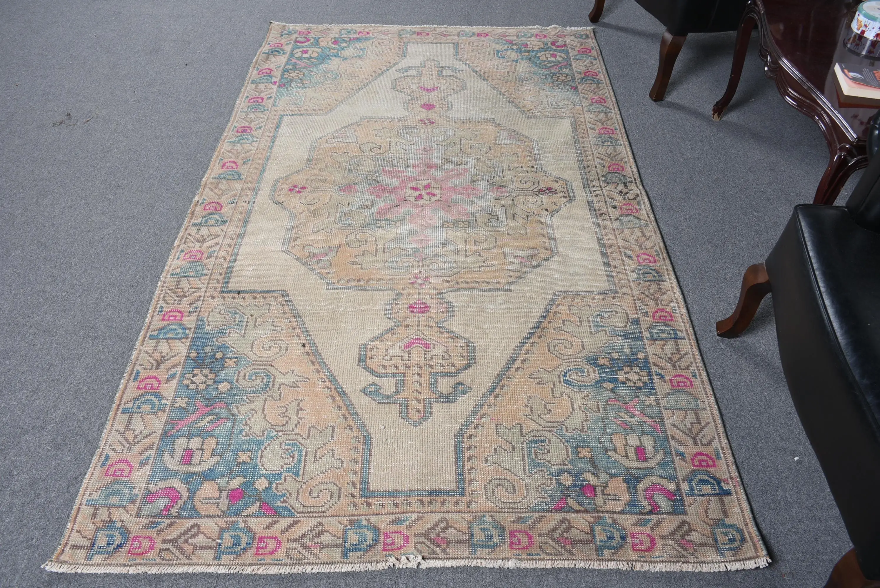 Alfombra vintage de 4,5x7,5 pies, alfombra, lana de alfombra a rayas azules - 1