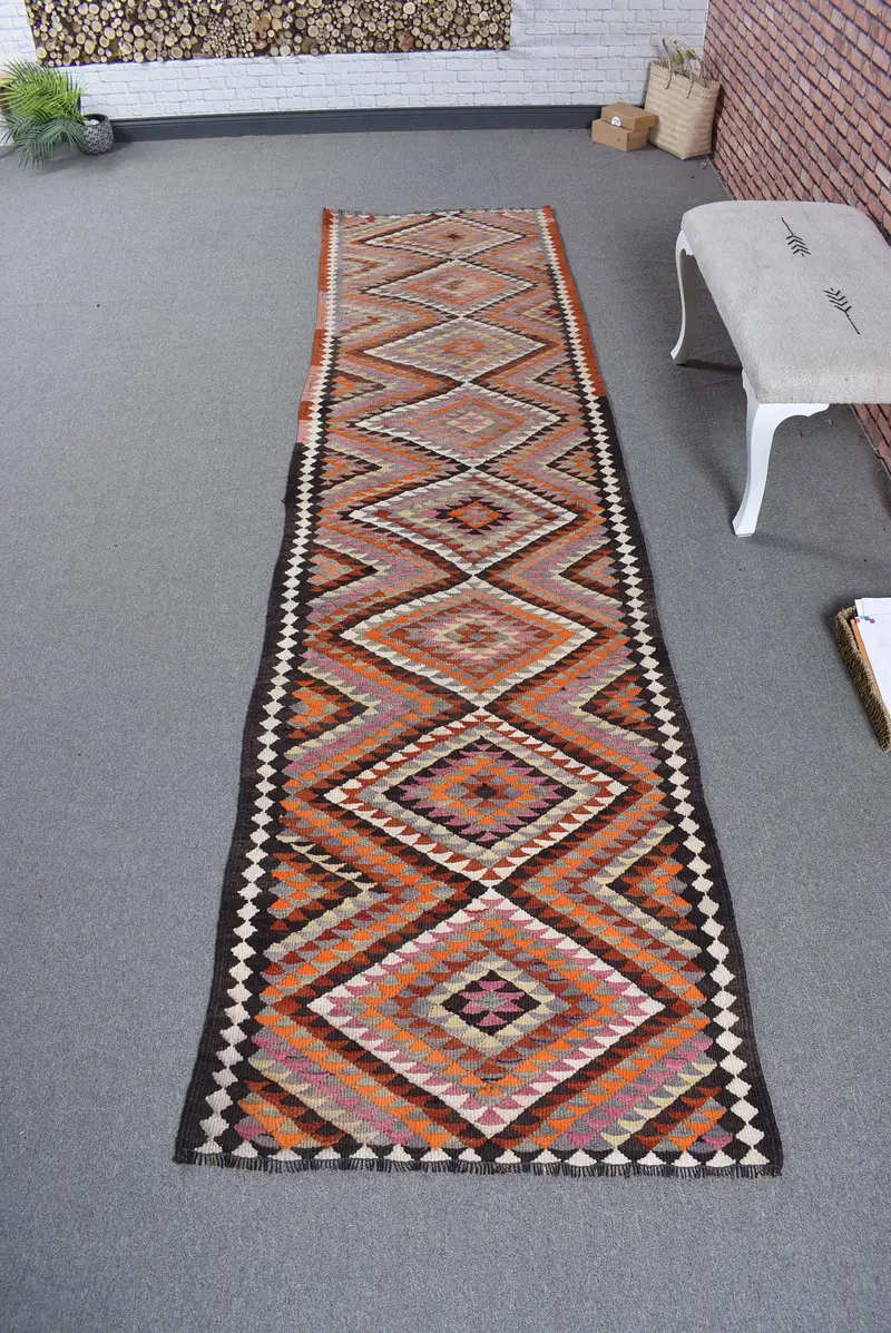 3x11.1 ft Turkish Kilim Rug, Orange Floral Vintage Wool Rug - 1