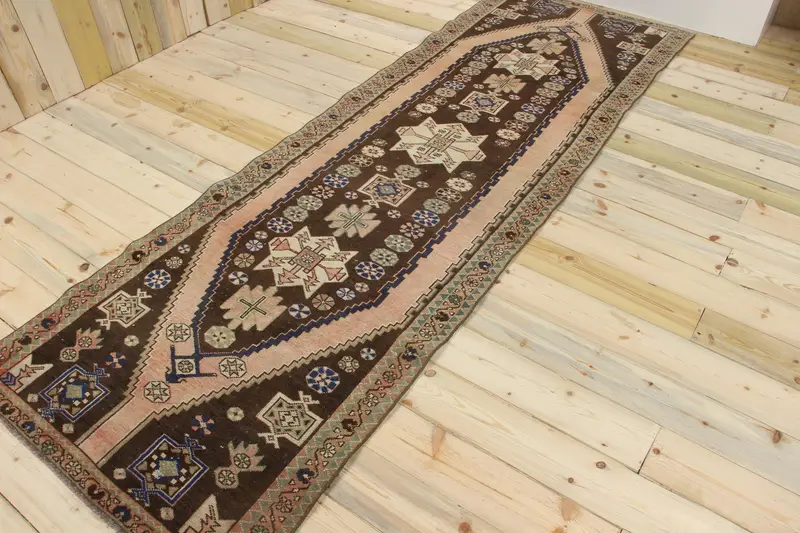 Alfombra Vintage Runner 3,2x9,9 pies, alfombra turca de lana a rayas marrón Oushak - 1