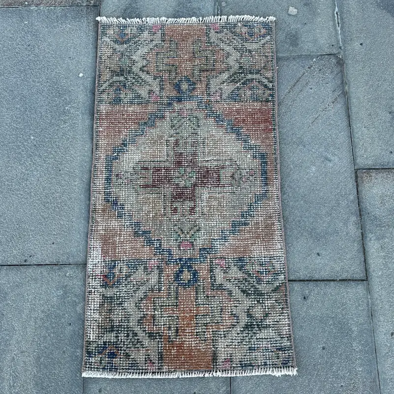 Turkish Vintage Oushak Small Rug 1.4x2.8 ft, Brown Moroccan Rug Wool - 1