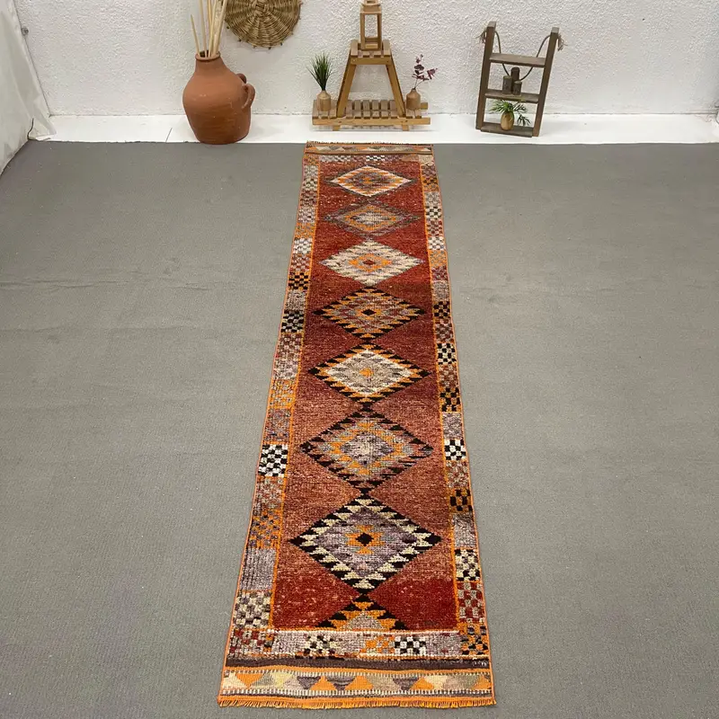 Turkish Vintage Runner Rug 2.6x11.4 ft, Red Orange Floral Wool Rug - 1