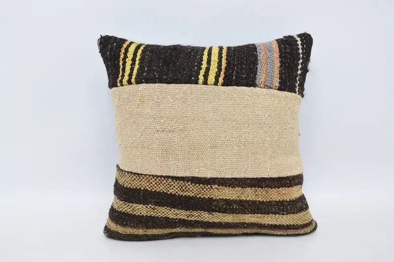 Turkish Antique Pillow Case, Beige 16x16 inch Striped Square Pillow Cover - 1