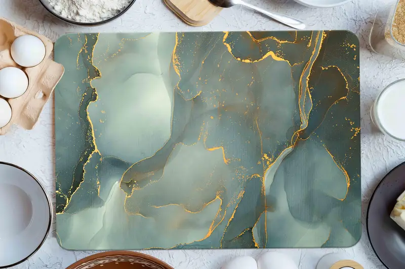 きらめくグリーンゴールドの大理石ガラスまな板、モダンで豪華なデザイン