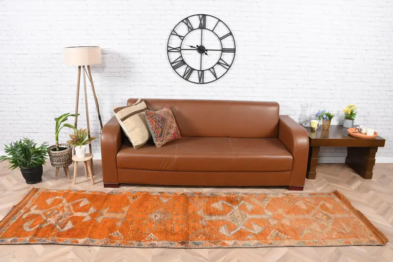 2.8x9.8 ft Vintage Türk Halısı, Yolluk Halısı, Turuncu Gri Fas Yün Halısı - 1