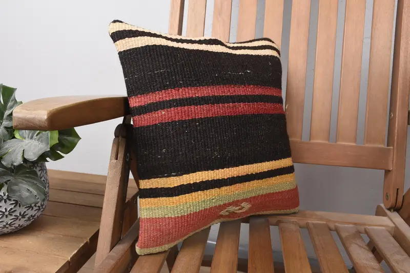 Home Decor Pillow, Ottoman Cushion, Vintage Kilim Throw Pillow, 14x14 Brown Pillow Cover, Boho Pillow Sham Cover, Pillow Sham - 2