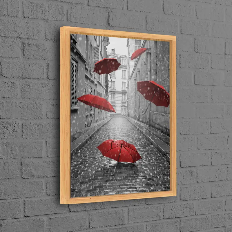 Zarif Kırmızı Şemsiyeler Kanvas Tablo: Kentsel Yağmur Sokak Sanatsal Reprodüksiyon