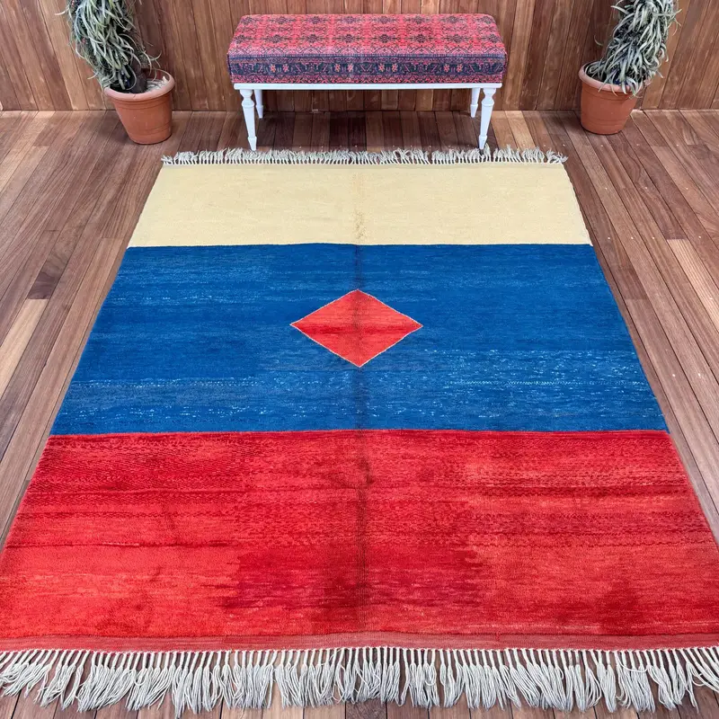 Vintage Turkish Oushak Rug 6.1x7.5 ft (185x228 cm), Red Check Wool Rug - 1