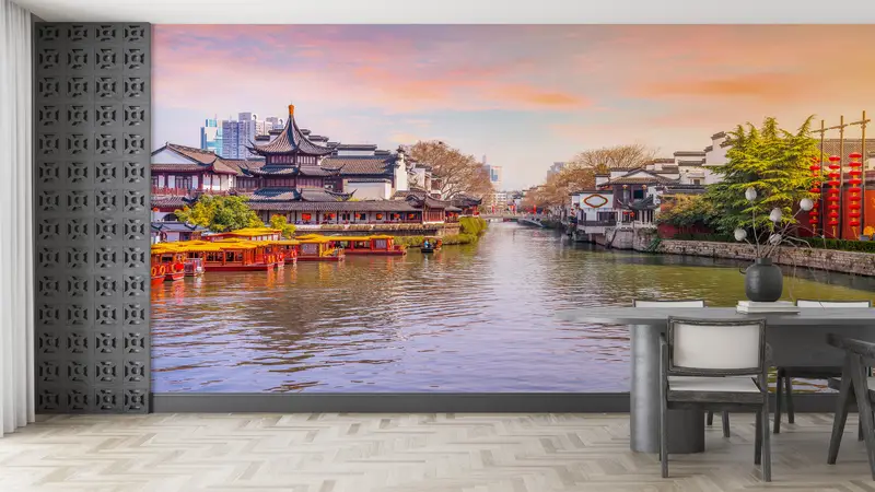 Basılı Duvar Kağıdı: Qinhuai Nehri Şehir Manzarası Doğa Manzarası