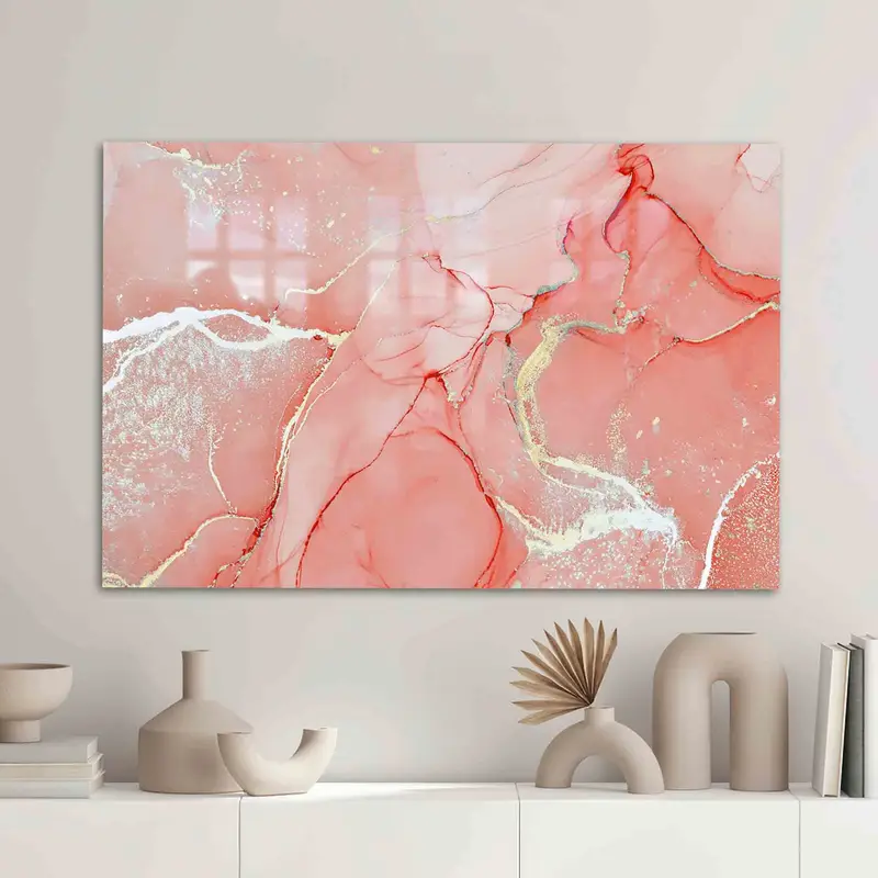 Elegant Coral Marble Printed Glass: Luxury Gold Shimmery Design