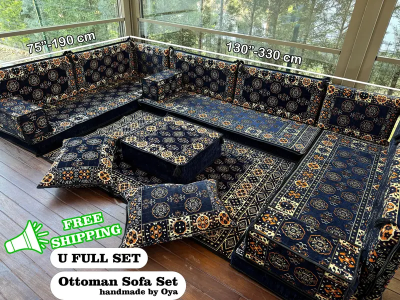 Bohemian Blue & Beige Kilim Ottoman Set, Versatile Modular Seating