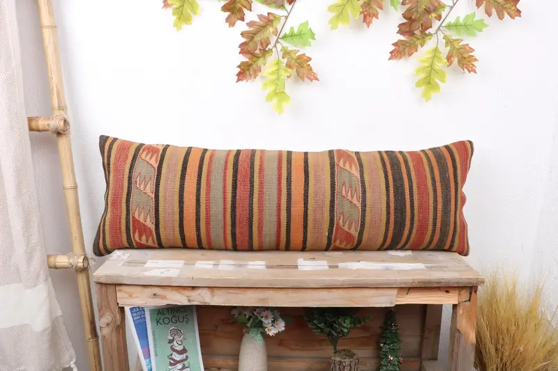 Antique Pillows, Kilim Pillow, Authentic Pillow Cover, Handmade Kilim Cushion, 12x36 Green Pillow Cover, Bench Cushion Case, Pillow - 1