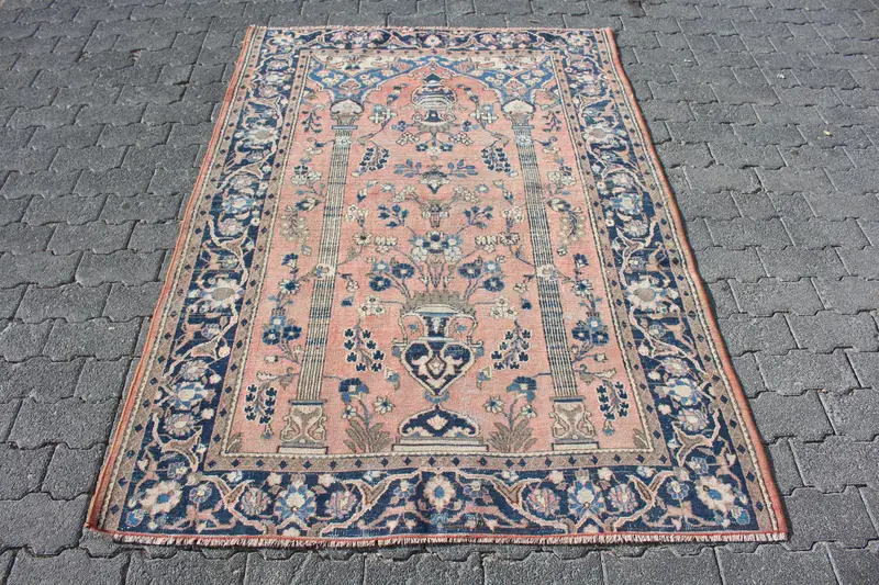 Vintage Area Rug 4.3x6 ft, Blue Red Abstract Rug Wool - 1