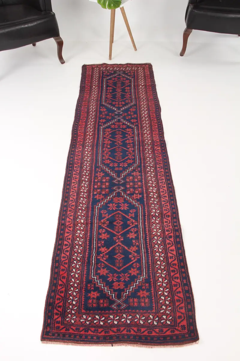 2x7.4 ft Vintage Rug, Turkish Runner Rug, Red Camouflage Wool Rug - 1