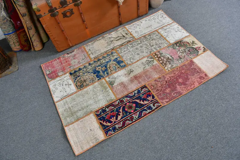 Türk Küçük Halısı, 2.9x4.3 ft Vintage Halı, Mavi Çiçekli Yün Halı - 1