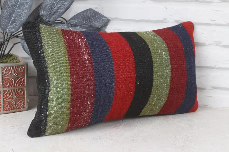 Bench Pillow Cover, Boho Pillow, Home Decor Pillow, Vintage Kilim Throw Pillow, Cushion, Knitted Pillow Case, 8x16 Red Pillow Sham - 4