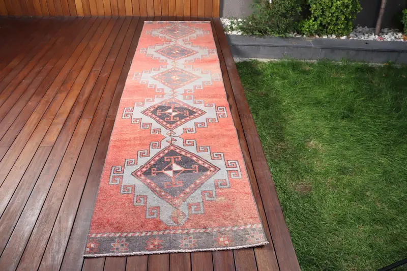 2.7x10.8 ft Türk Halısı, Oushak Halısı, Kırmızı Ombré Halı Yünü - 1