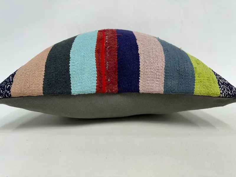 Green & Blue Striped Throw Pillow, 20x20 Inch Handmade Cushion - 5