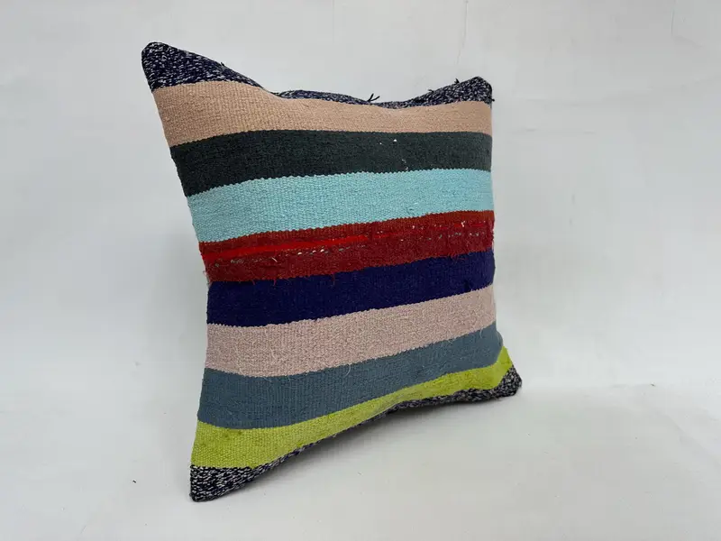 Green & Blue Striped Throw Pillow, 20x20 Inch Handmade Cushion - 3