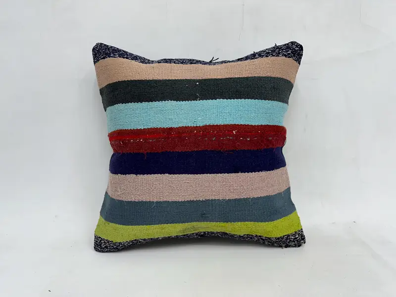 Green & Blue Striped Throw Pillow, 20x20 Inch Handmade Cushion - 1