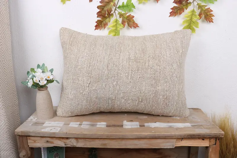 Vintage Pillow, Pillow Cover, Turkish Corner Cushion, 16x24 Beige Pillow Case, Ethnical Kilim Rug Pillow, Antique Pillows - 1