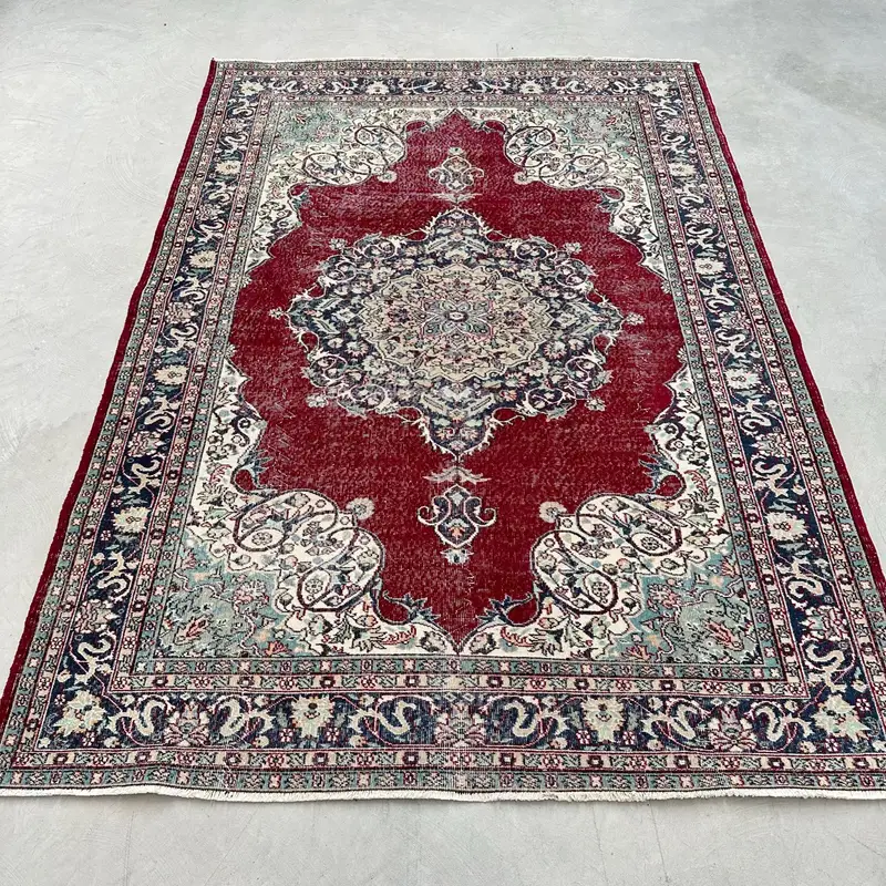 Turkish Vintage Oushak Rug 6.9x9.7 ft (209x295 cm), Red Polka dot Wool Rug - 1