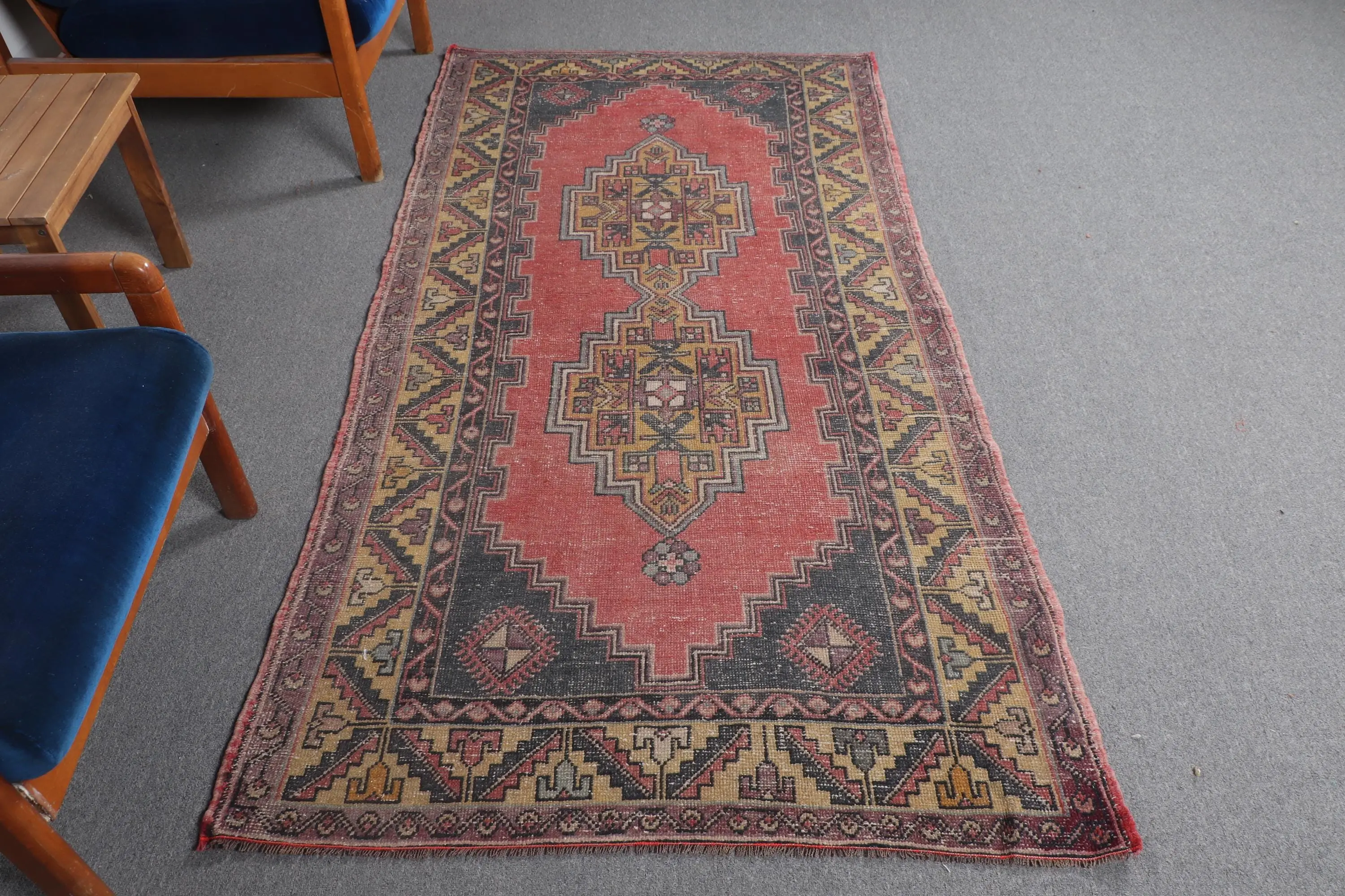 Turkish Rug 3.8x7.1 ft, Red Black Floral Wool Vintage Rug - 1