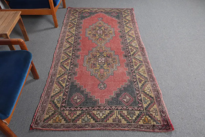 Alfombra Roja y Azul 1,1x2,1m Diseño Floral Geométrico