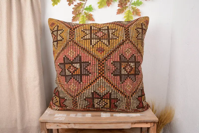 Orange & Yellow Southwestern Embroidered Throw Pillow, Vintage Cushion