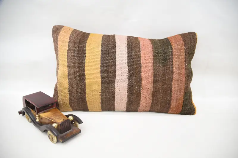 Turkish Brown Pillow Sham, Antique 12x20 inch Cushion, Housewarming Gift Striped Pillow Case - 1